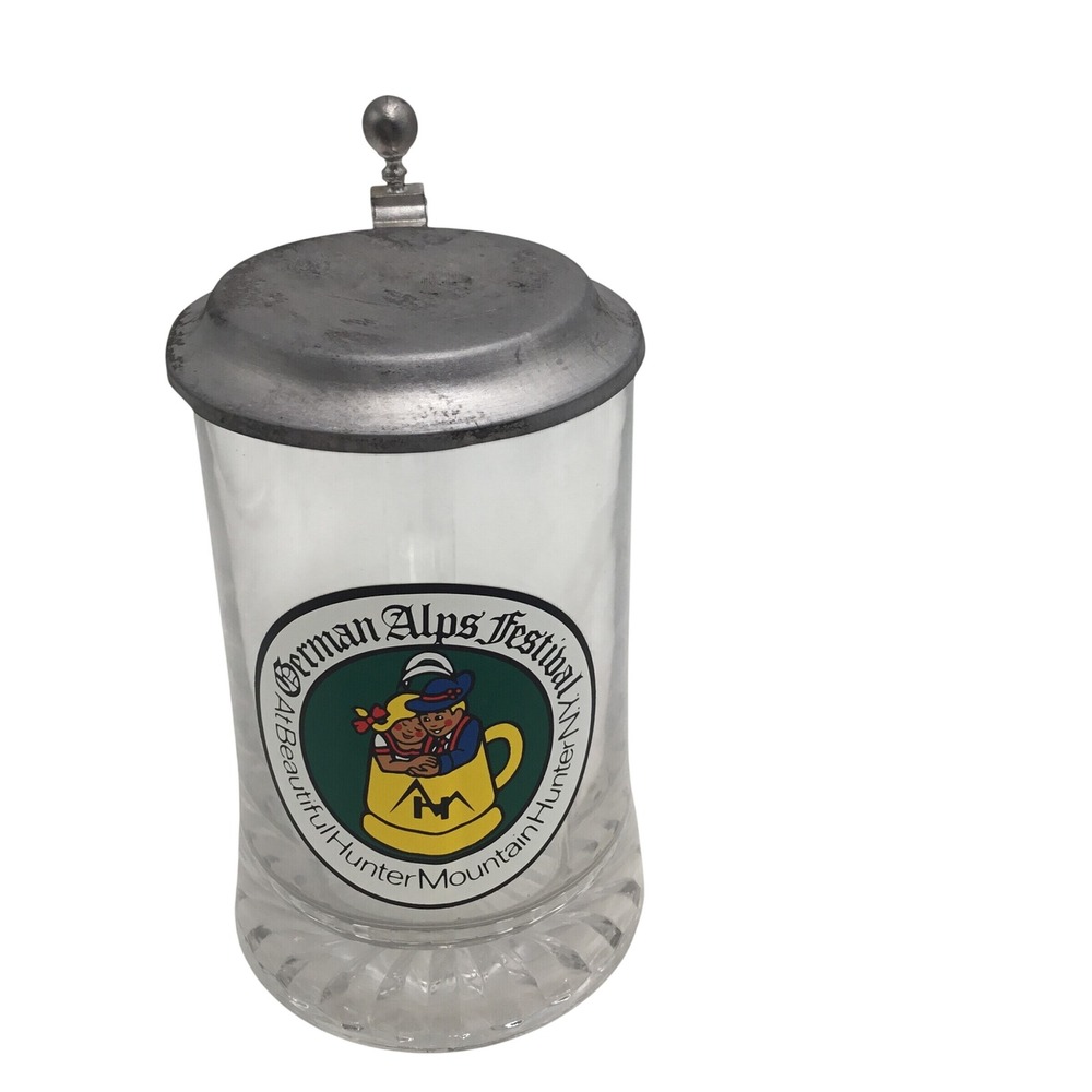 German Alps Festival Hunter Mountain NY Glass Beer Stein with Pewter Lid
